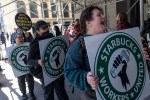 Starbucks union members and their supporters, including baristas who have just walked off the job, effectively closing a local branch, picket in front of the store, February 28, 2025 in New York City. Photo by Andrew Lichtenstein/Corbis via Getty Images