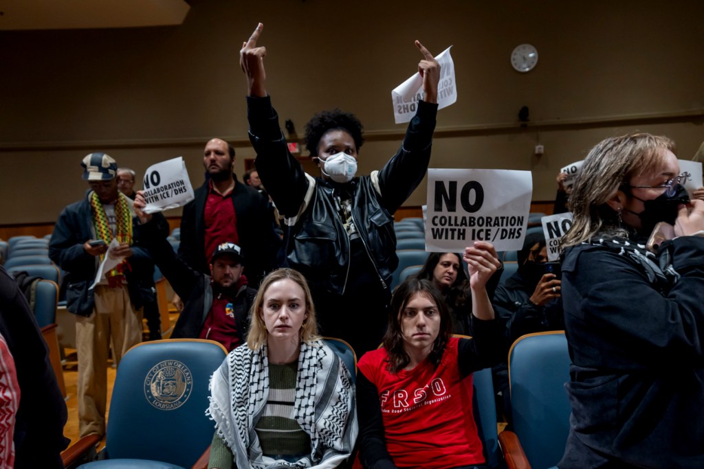 Scuffles erupt at a New Orleans City Council delaying the meeting as demonstrators demand action to prevent Immigration and Customs Enforcement (ICE) to detail and disappears thousands of migrants on December 4, 2025, in New Orleans, Louisiana. Border Patrol Commander Greg Bovino has moved hundreds of agents to Louisiana in the “Catahoula Crunch” sweep to detain and deport thousands of persons, following Donald Trump's orders to deport a million undocumented immigrants by the end of the year. Photo by Michael Nigro.